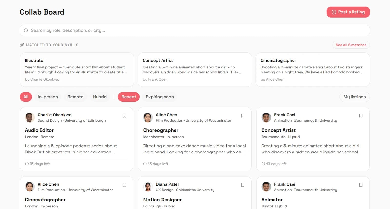 Collab board listings filtered by discipline